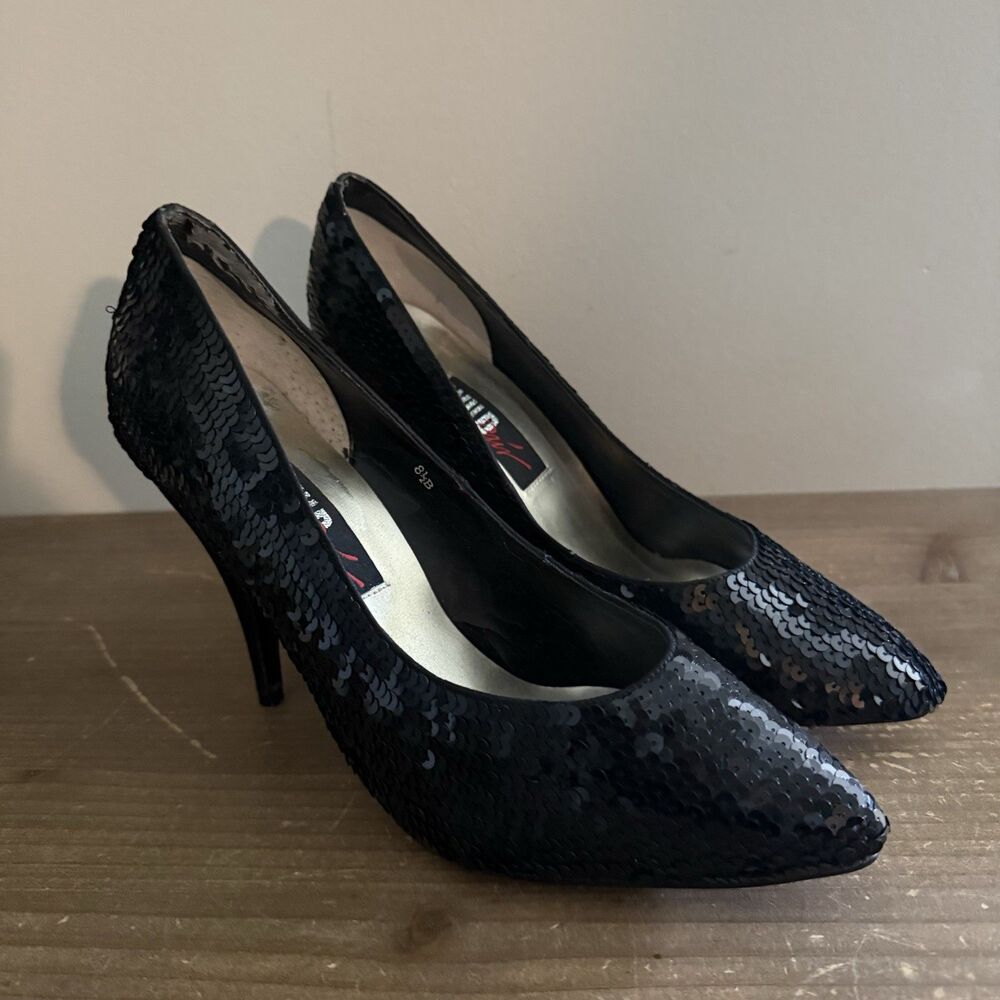 Retro Vintage sparkly Black  sequin pumps High Heels Wild Pair Size 8.5